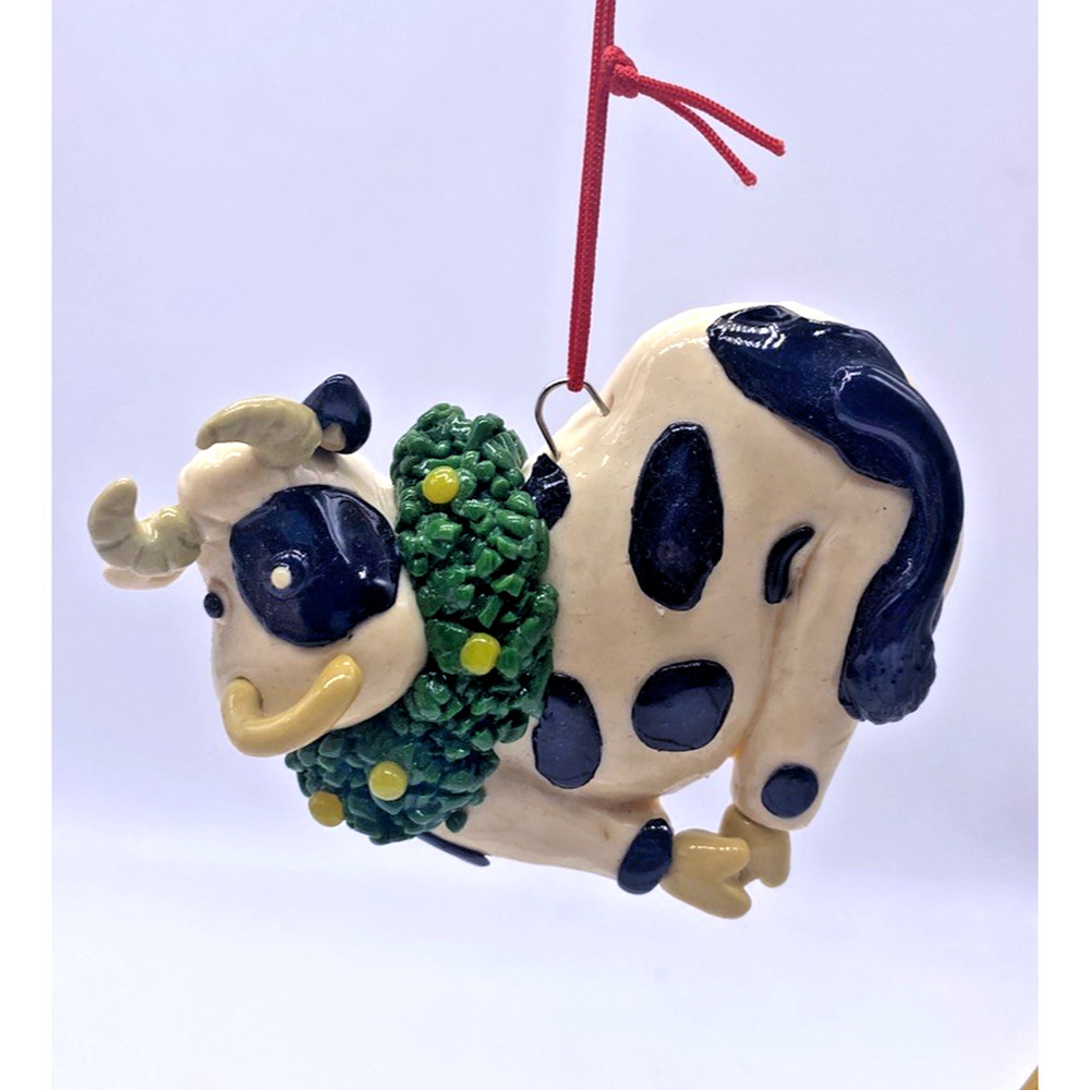 Cow Christmas Ornament Comical Farm Barn Theme Animal Glazed Clay Painted Sweet